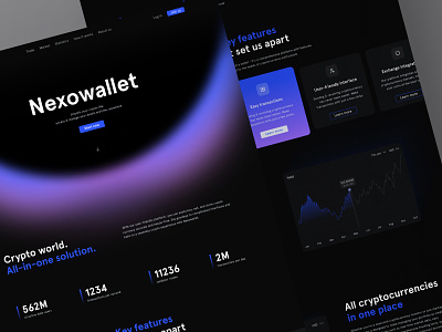 Nexowallet: landing page for crypto wallet application bitcoin cryptocurrency dark theme desktop app digital assets ethereum financial landing page testimonials web design