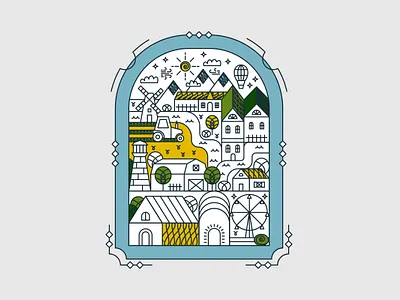 Countryside Line architecture building country countryside design farm field icon illustration line line art nature outline park river rural town tree vector village