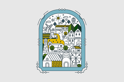 Countryside Line architecture building country countryside design farm field icon illustration line line art nature outline park river rural town tree vector village