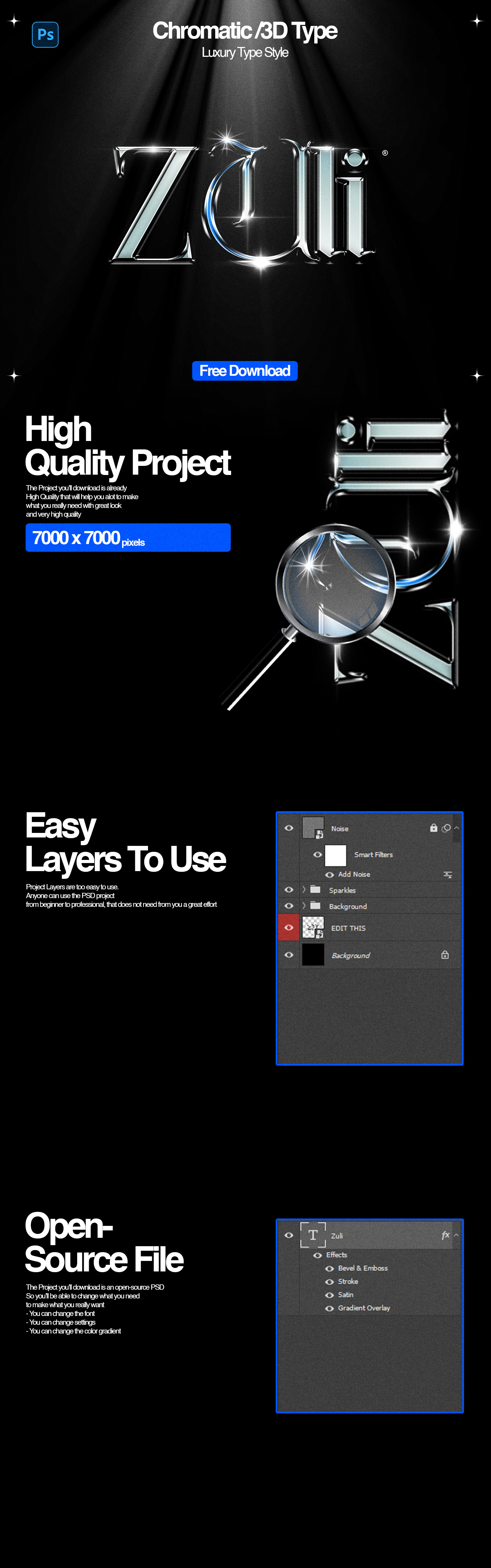 Chromatic /3D Type | Free 3d chrome chrometype design digital digital art download free photoshop psd tamplate type typeface