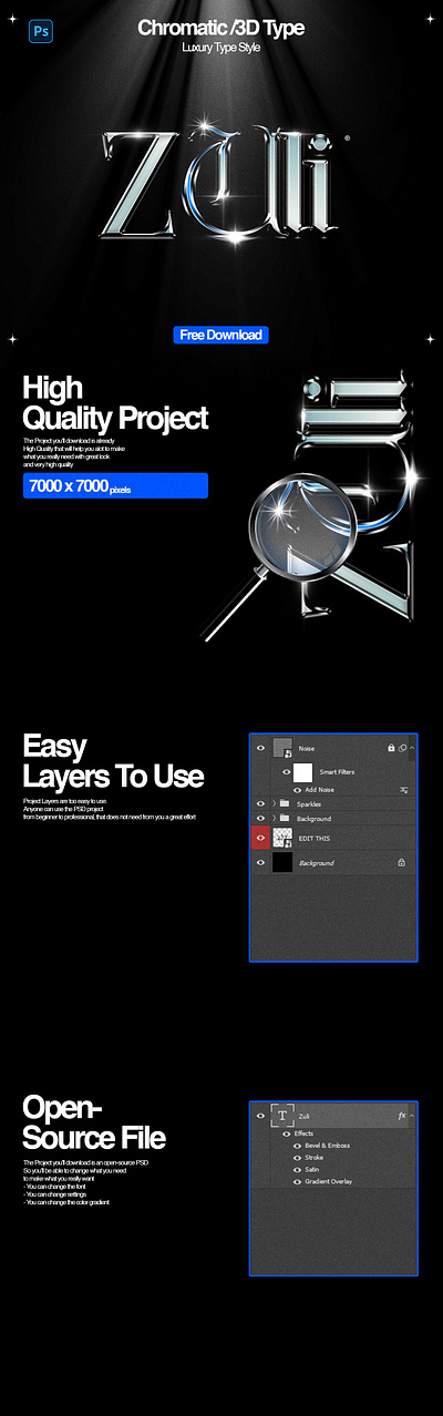 Chromatic /3D Type | Free 3d chrome chrometype design digital digital art download free photoshop psd tamplate type typeface