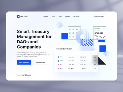 Coinshift - Smart Treasury Management for DAOs and Companies blockchain clean crypto finance fintech fund funds insurance invest investing investments landing page portfolio product web design