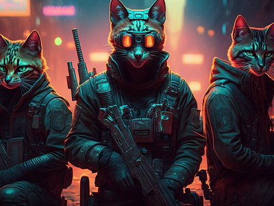 Cyberpunk Style Street Cat City Cops 8k ai biotech cats city cyberpunk futuristic graphic design highquality midjourney neon streetcat tech