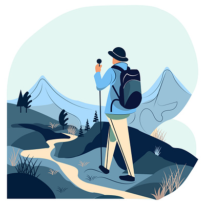 Hill Trekking Adventure Flat Illustration adventure enjoyment flat illustration graphic design hill climbing hill hiking hill trekking mountains nature vector illustration