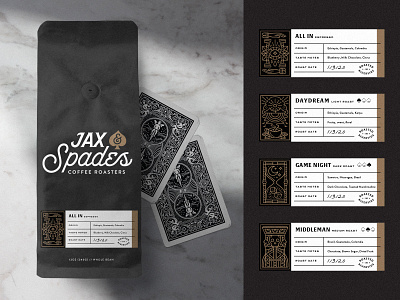 Jax & Spades bag branding coffee identity illustration label lineart logo monoline packaging roast spade vintage