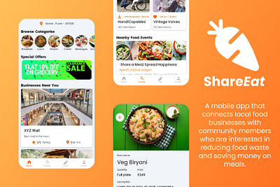 ShareEat - A Sustainable Food Sharing App app design app ui business cafe figma flutter flutterflow food food ordering food sharing grocery lottie mall mobile app restaurant super market swiggy uber eats uiux zomato