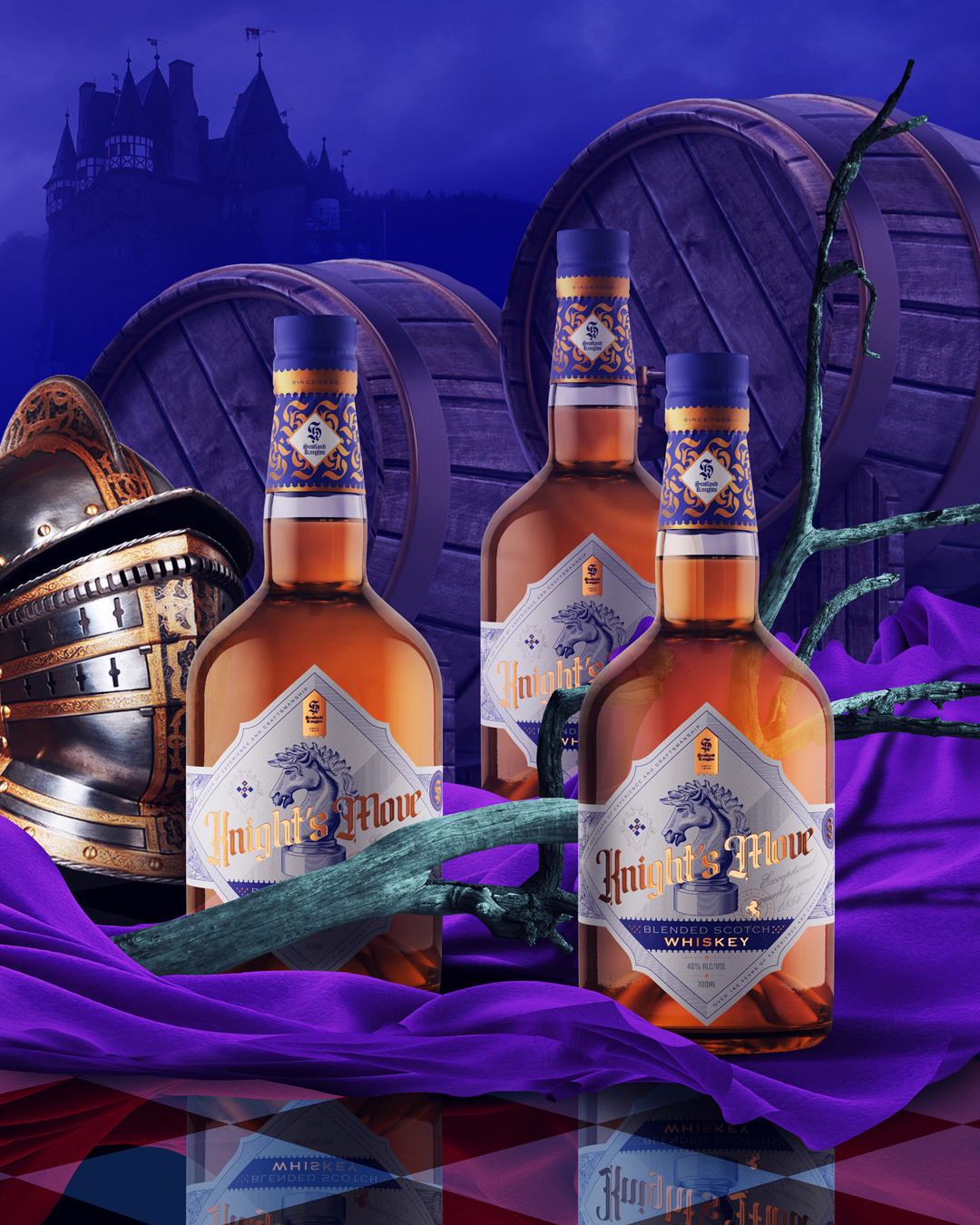 Knight's Move Blended Scotch Whiskey label design chess inspired engraved illustration knight medieval royal vintage label whiskey art whiskey design whiskey label