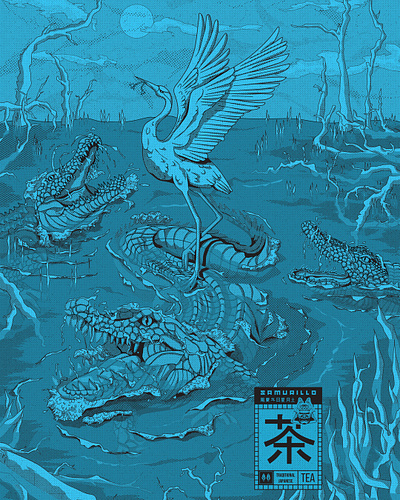 Japanese tea Samurillo poster illustration art crane crocodiles detailed illustration drawing japanese line art minimal poster art retro swamp
