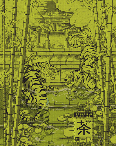Japanese Tea poster illustration art Samurillo detailed poster illustration tigers japanese art japanese style japanese tea lake tiger line art retro vintage