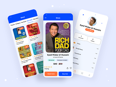 E-Book App Inner Screens app design best app design 2023 best case study best seller book app design book preview clean app design creative creative app design e book app landing page mobile app design popular app design profile view uiroll