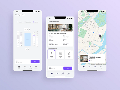 Beamer | Booking Process UI airbnb app app design blue book booking choose features map mobile place booking pool relax sea seat seat booking summary sunbed ui violet
