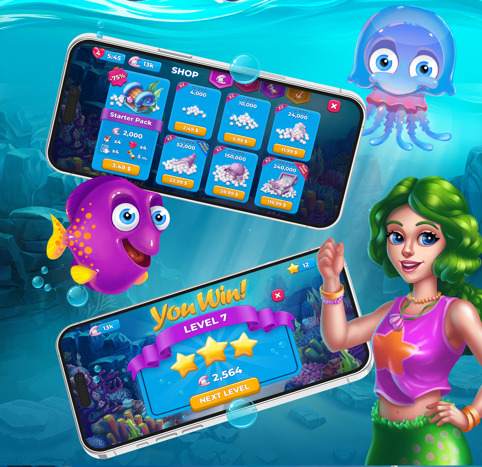 Fish Sudoku 2d animation app art cartoon casual cute design fish game illustration logo sudoku ui underwater ux