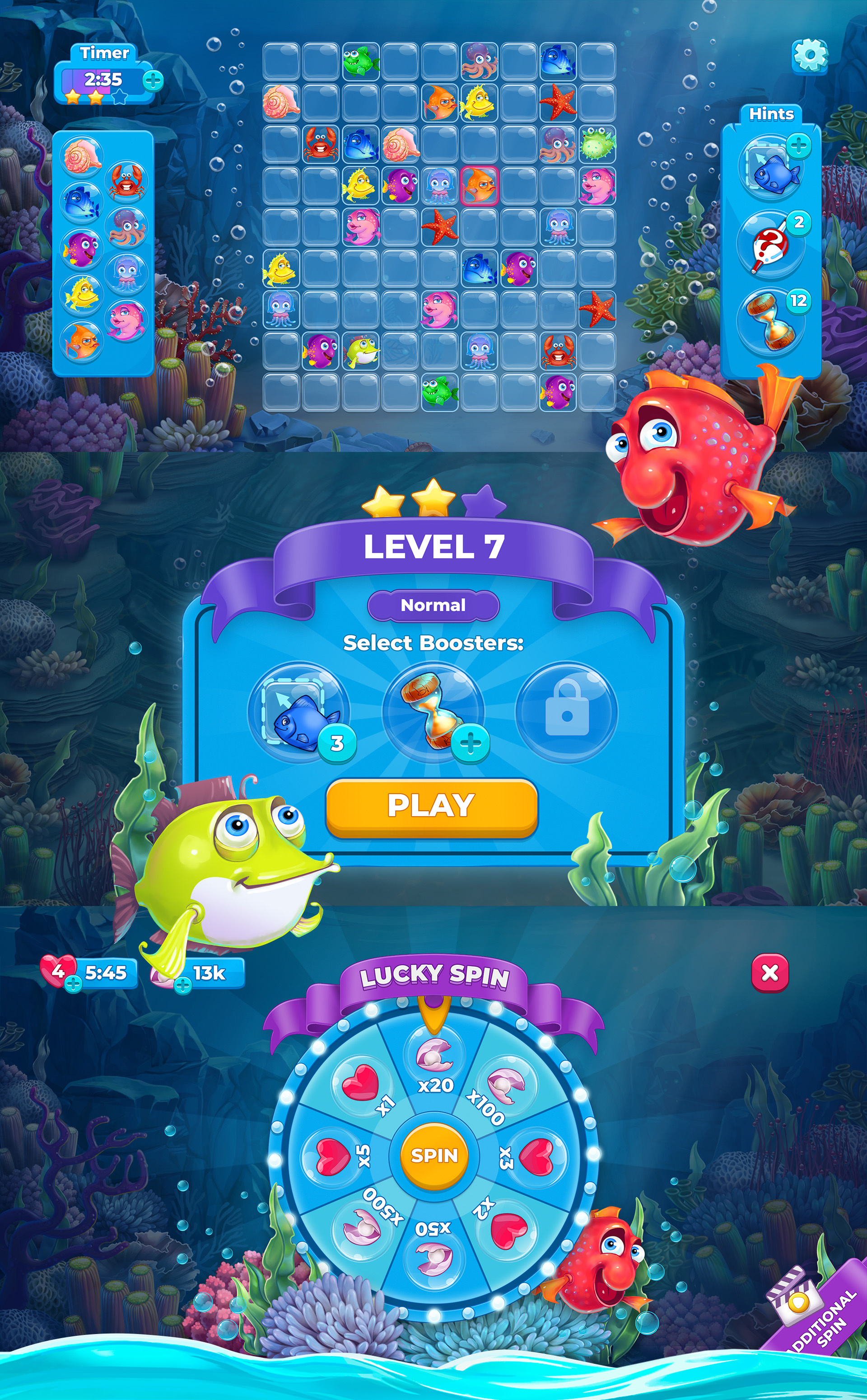 Fish Sudoku 2d animation app branding cartoon casual cute design fish game logo luck roulette screen spin sudoku ui underwater ux win