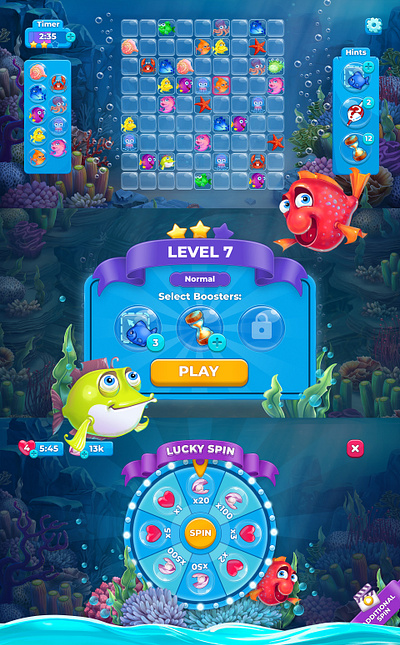 Fish Sudoku 2d animation app branding cartoon casual cute design fish game logo luck roulette screen spin sudoku ui underwater ux win