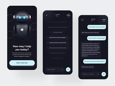 AI ChatGPT Mobile App 3d ai ai application ai generation ai mobile app app design blender bot chat chat gpt chatgpt clean dark mode minimal mobile app product design robot trend ui design