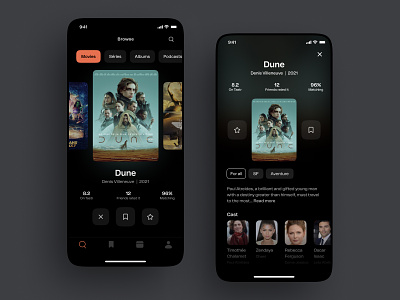 Movie night app cinema dark mode dune ios mobile ui ux