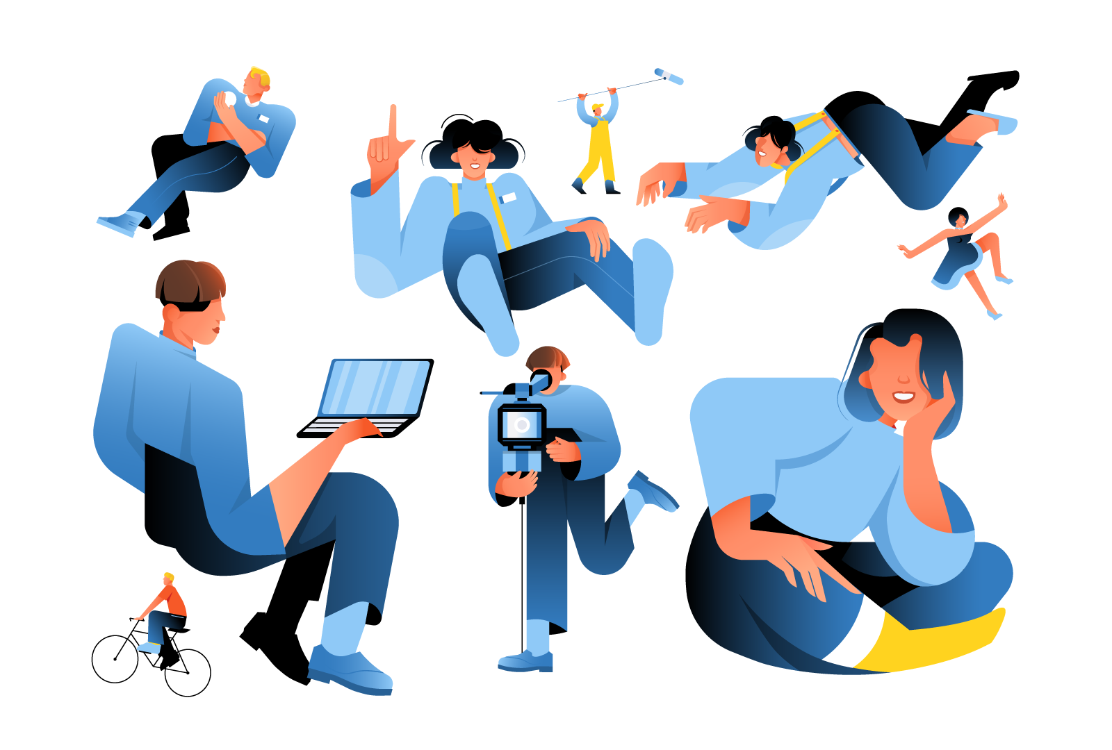 Character pack - Filming bicycle character cute dancing design filming float girl graphic design laptop man modern pose sit vector woman women