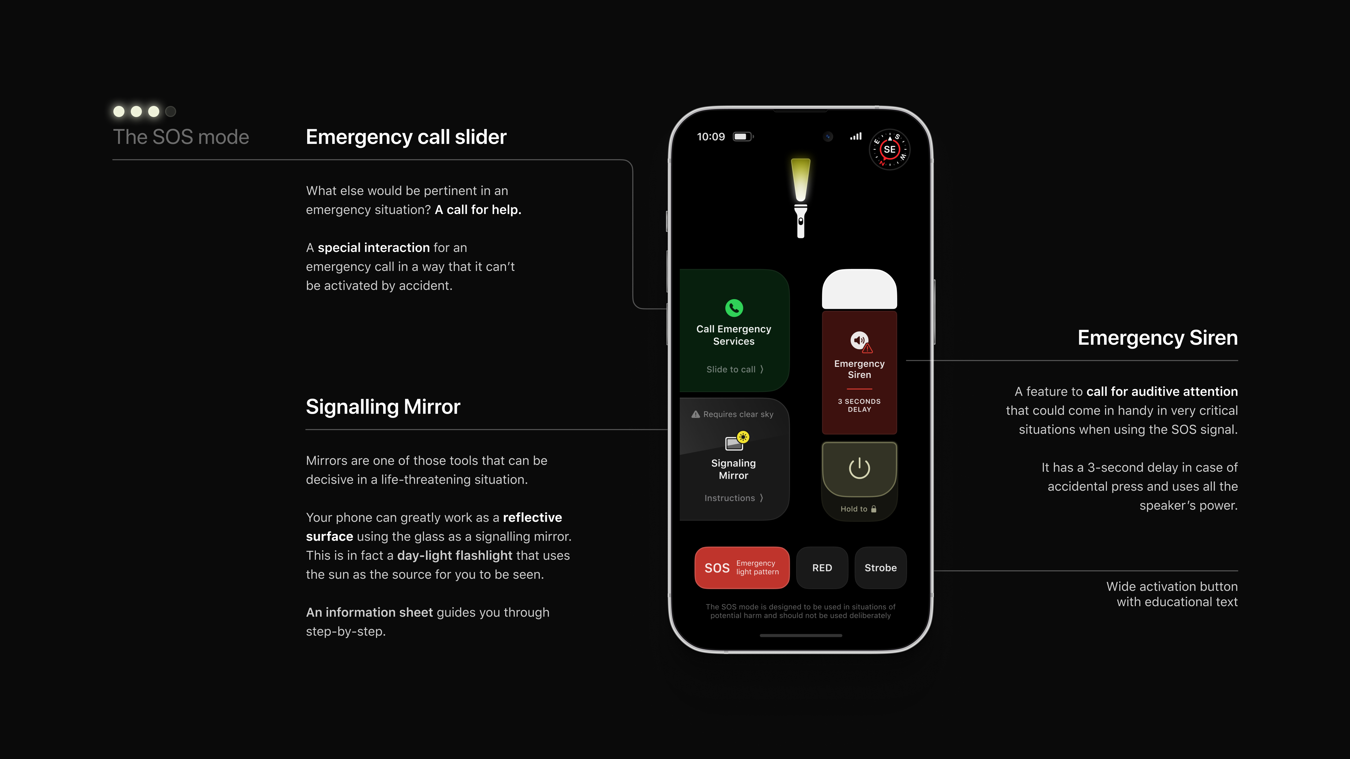 The SOS mode - Emergency call slider - Signalling Mirror - Emergency Siren (interface example)