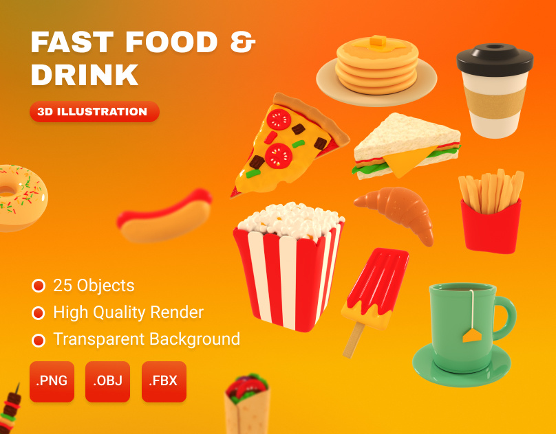 Fast Food & Drink 3D Illustration 3d 3d illustration businesses canva design drink food fruits graphic design icons illustration landing page logo mobile apps restaurant ui ui design website