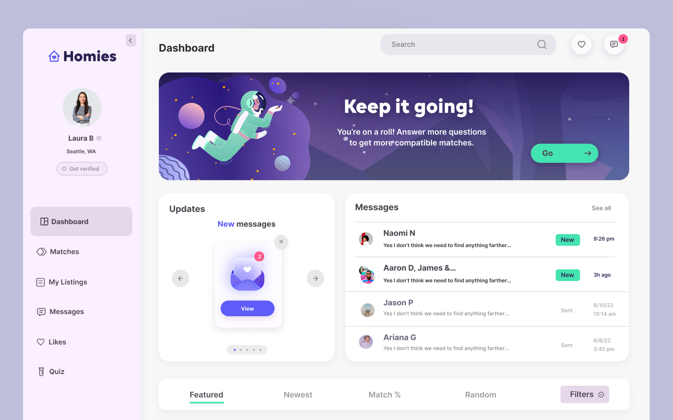 Homies Dashboard Cover case study dashboard design flat illustration pink purple roommate ui