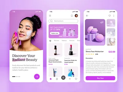 RadiantMe - Beauty Cosmetics App app beauty cosmetics design mobile purple skincare ui