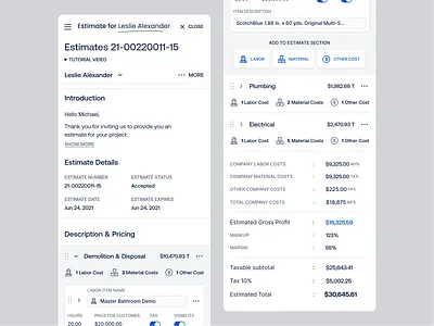 Lead Pipeline > To Be Estimated > Expand Items accordion app breakdown clean complex progressive web app construction contractor cost data estimate invoice labor management material cost responsive saas ui ux web design work details