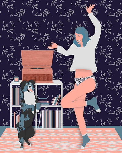 Boogie Shoes boogie cute dancing dog feminine girl graphic design green hair happy illustration living room puppy records texture ui vector woman