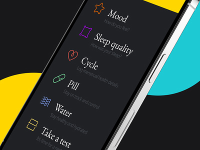 Health app log Mood / Sleep / Cycle / Pill / Water dialog app cycle doctor health healthcare ios iphone med tech medical medicine medtech mobile mobile designer monitor mood period pill sleep water