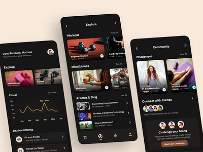 Thrive — Wellness pp ai app design clean dark mode design dribbble figma minimal minimalist mobile interface mobile ui product design ui ui design uiux user interface wellness wellness app