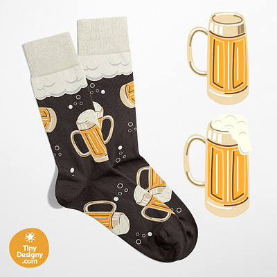 Sock with Beer Motifs fashion design graphic design hand drawn illustration seamless pattern sock design surface pattern design textile design