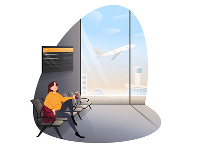 Woman with the coffee at the airport 2d 2d art air airport background cartoon coffee design digital illustration dribbble illustration landscape people sky vector woman