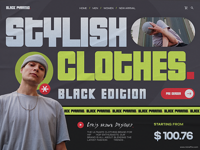 Black Pyramid Fashion Website boldfonts branding brutalsim clothing dark design fashion green grey hiphop landingpage neon order popcolors red trending ui wear web website