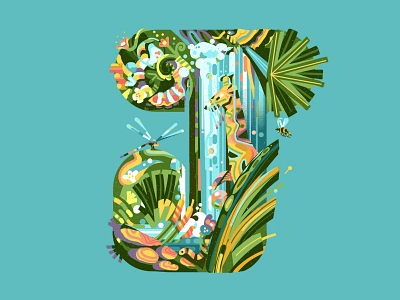 Jungle 36daysoftype adobe brushes brushstrokes colourful dragonfly giraffe greenery illustration j jungle muti nature photoshop plants playful texture water waterfall