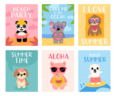 Summer poster set animals cartoon character concept cute design flat illustration summer vacation vector