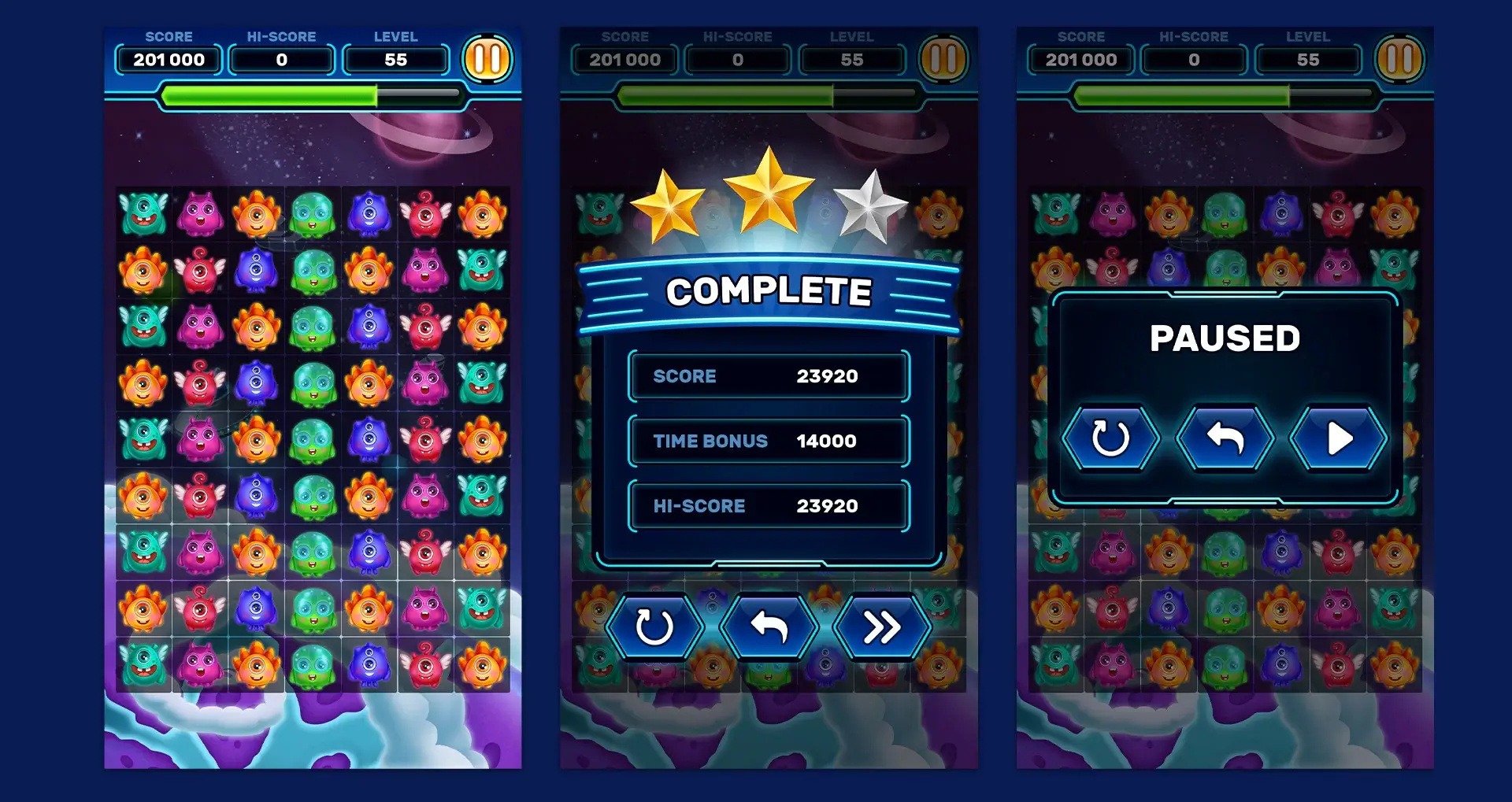 Alien Rescue casual design game illustration match 3 mobile ui ux