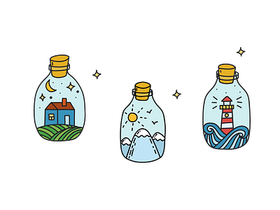 Bottled dreams adobe illustrator bottle cartoon cute design doodle dreams icon illustration line logo mountain sea simple vector