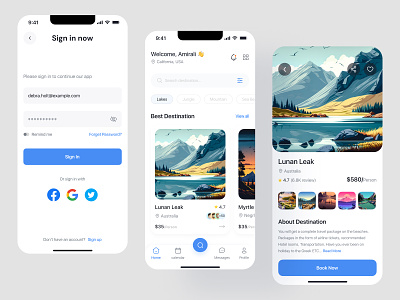 Travel Mobile App - Sign in, Home & Detail Page Design app design booking app home page ui minimalistic mobile app mobile app design mobile design mobile ui sign in page design travel travel agency travel app travel app design travel mobile app design traveler traveling travelling detail page design ui design uiux user interface