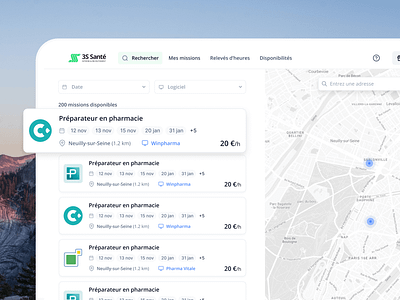 3S Santé app cdd certification dashboard interim maps mission opportunity part time pharmacie pharmacy search ui ux