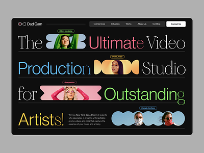 Video production: hero, web design, home page antiqua camera colorful hero homepage production serif shapes sleek studio style typography video webdesign