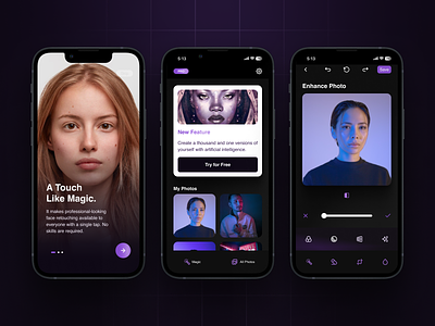 Retouch: Onboarding - Home - Photo Edit Screen ai app dark home magic mobile onboarding photo edit photo editing purple retouch screen shiny