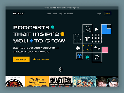 Podcast player landing page abstract audio cta dark mode geometric headphones hero section landing page marketing minimal modern podcast product design responsive ui web design website