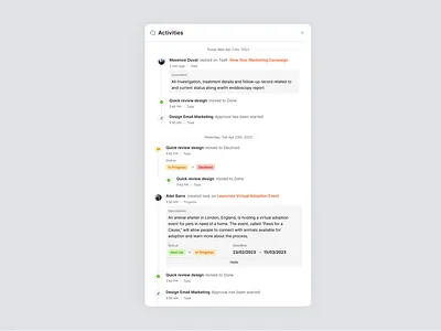 Activities Component activities activities component activities tab admin component dashboard design project project management task task component task detail popup task management ui user history uxui web