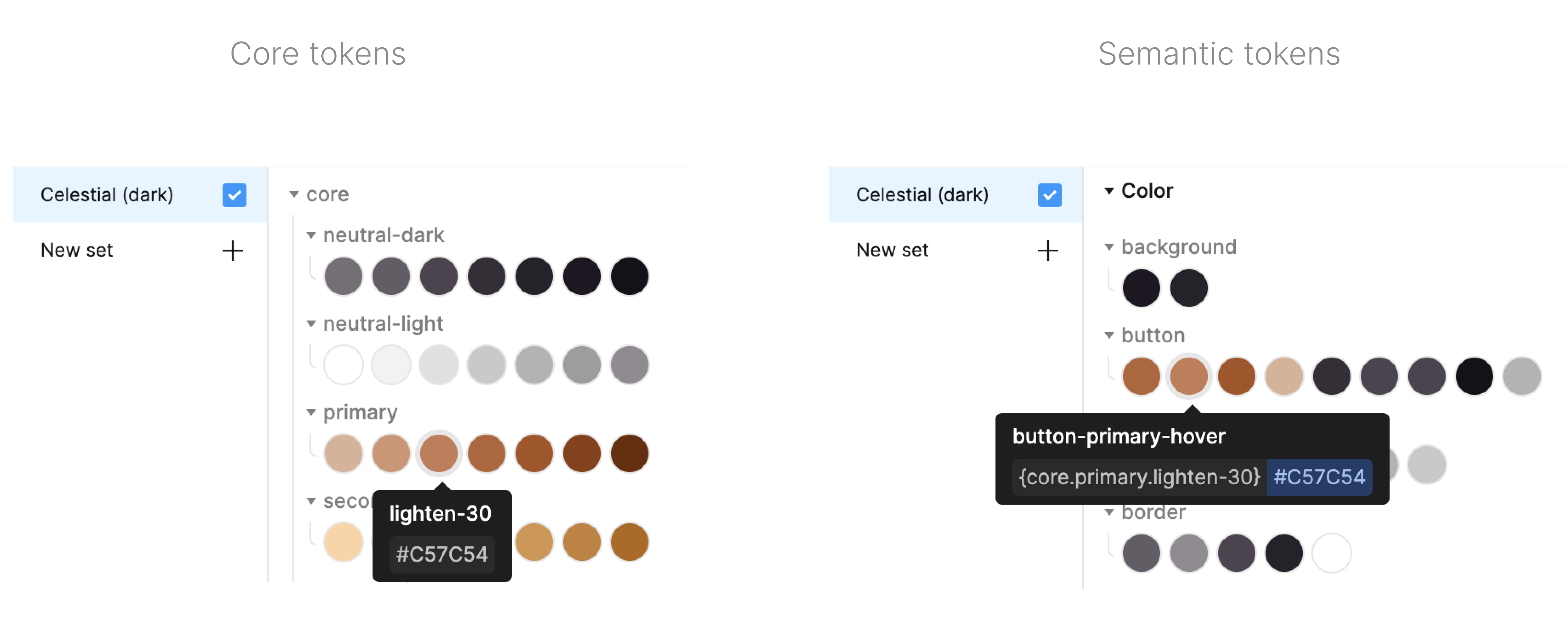 Core and semantic colour tokens