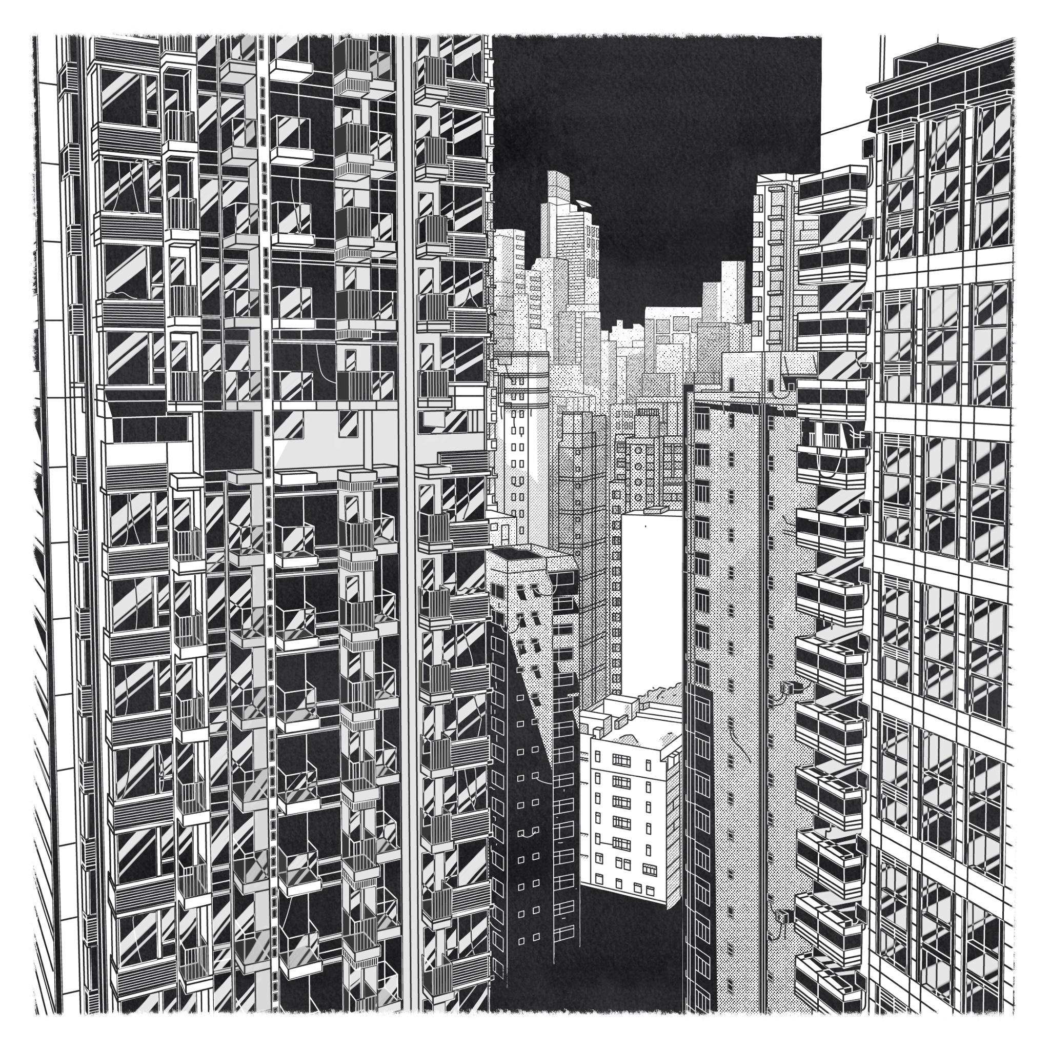 Illustration Hong-Kong Central anime art asian black white china dessin drawing graphic design handmade illustration japan manga minimal mockup paper procreate serigraphie silkprint street urban landscape