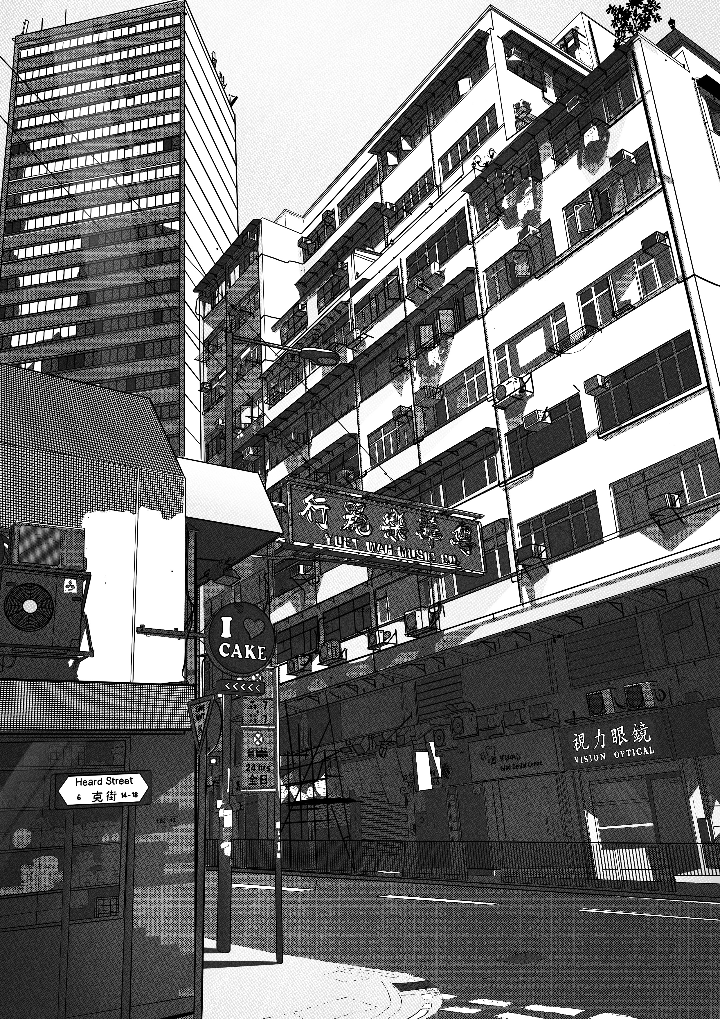 Illustration Hong-Kong KimShaTsui anime art asian black and white building china dessin drawing graphic design handmade illustration japan manga minimal mockup paper procreate street townscape urban landscape