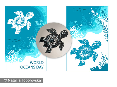 Decorative stylized image of a sea turtle World Ocesns Day branding design graphic design illustration logo ornate sea turtle vector