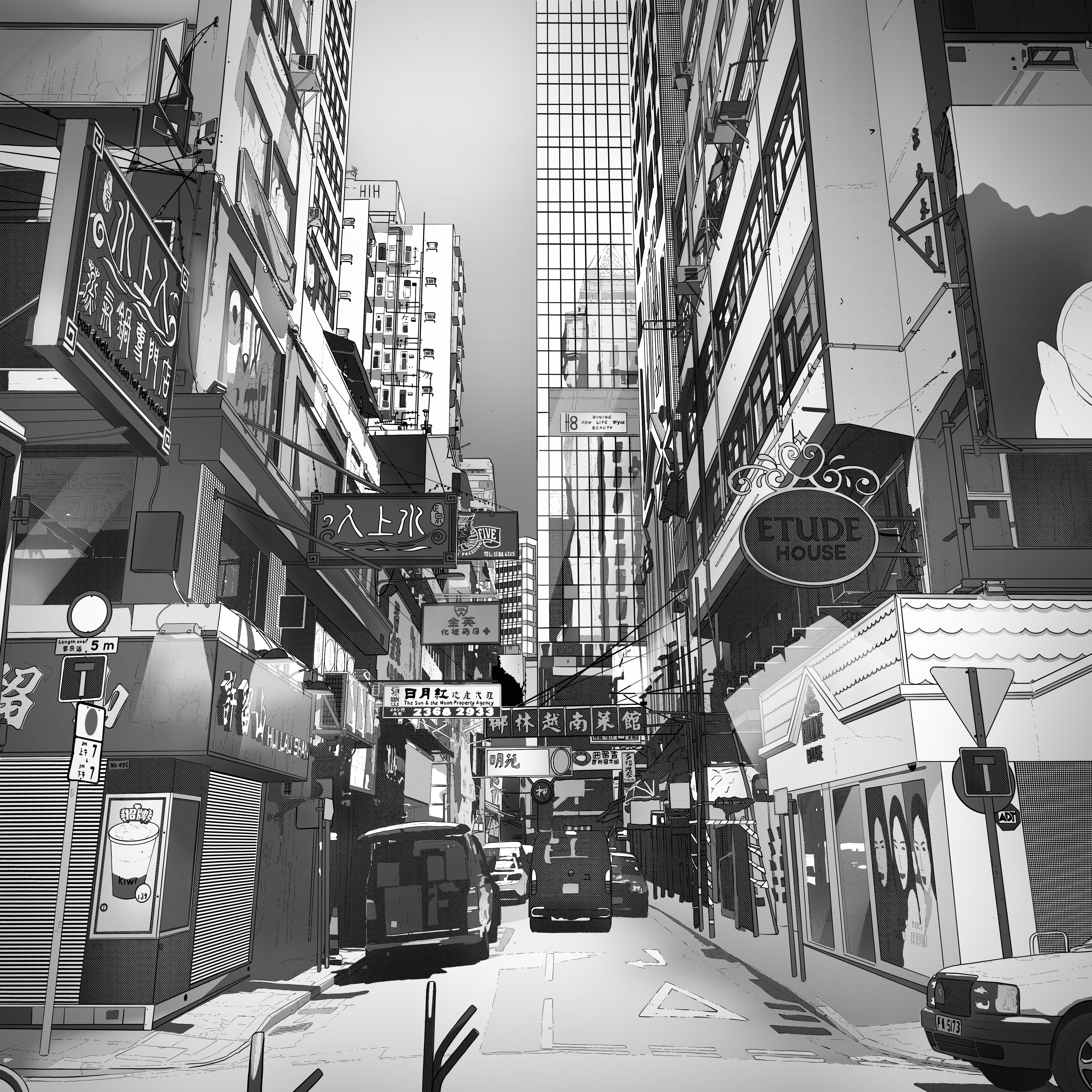 Illustration Hong-Kong Temple Street anime art asian black and white building china dessin drawing graphic design handmade illustration japan manga minimal mockup paper procreate street townscape urban landscape