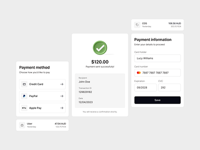 Product Design: Payment Components 3d illustration banking app black button blue card information design illustration money pastels payment payment form payment information payment method payment process payment summary transaction transaction process ui user interface ux