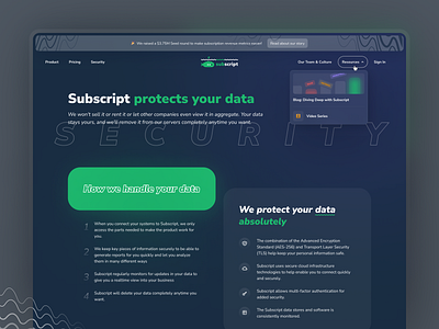 Security Page analytics dark data design finance green landing menu metrics page protection saas security text typography ui ux web website white