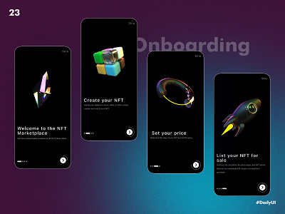 Onboarding UI 100dayuichallenge 3d black branding dailyui darktheme day23 design figma graphic design icons illustration logo nft onboarding ui vector white